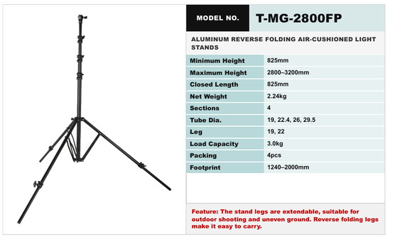 TMG Series Aluminum Reverse-Folding Air-Cushioned Light Stand with Adjustable Legs for Studio and Outdoor Photography