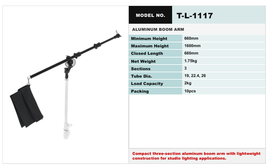 TL Series Aluminum Boom Arm Stand with Adjustable Height and Portable Design for Studio Lighting